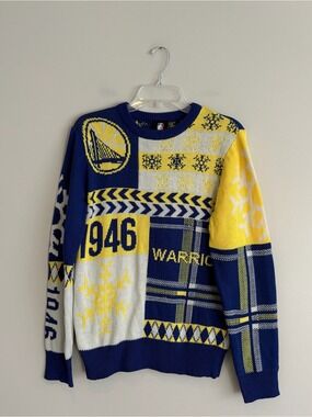 NBA Golden State Warriors Blue and Yellow Patchwork Knit Sweater Size M